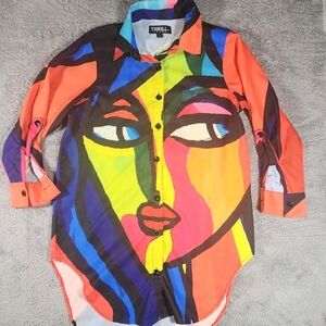 Thrill Jeans Abstract Face Art Button Down Tunic Shirt Women's Size S